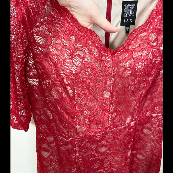 SOLD-----------Jax Women's Size 12 Red Lace Lined Knee Length Dress - Picture 8 of 14